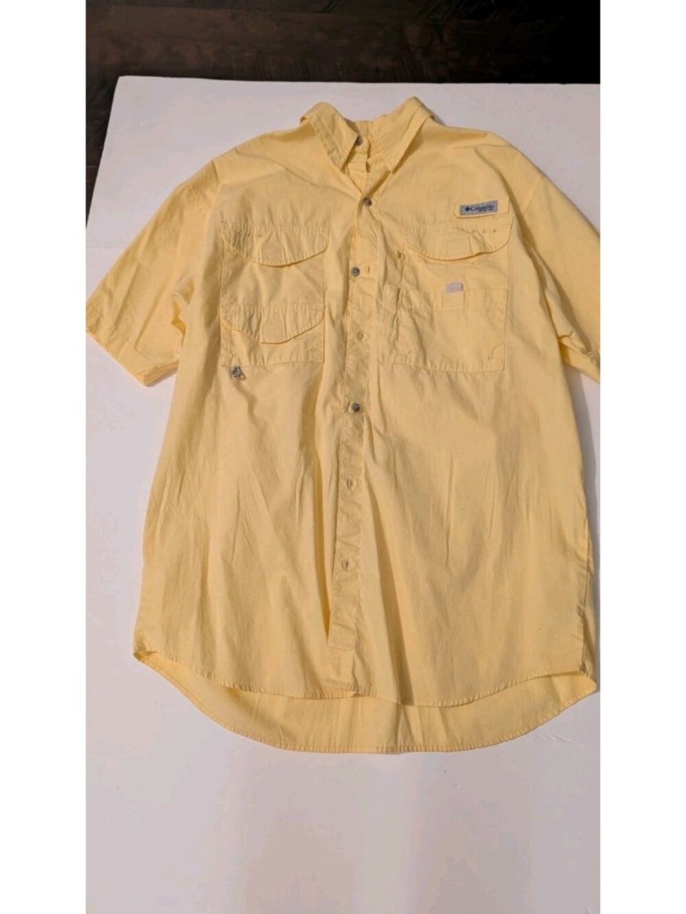 Men's M Columbia PFG Shirt Vented Short Sleeve Button Down Fishing Yellow Cotton